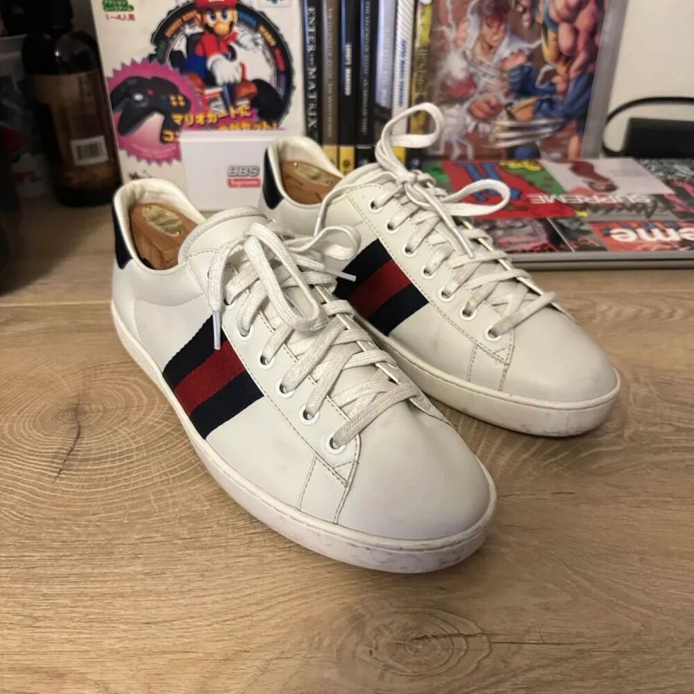 Gucci Ace White Leather Lace Up Casual Sneaker Blue/Red Stripe Men's Size 8